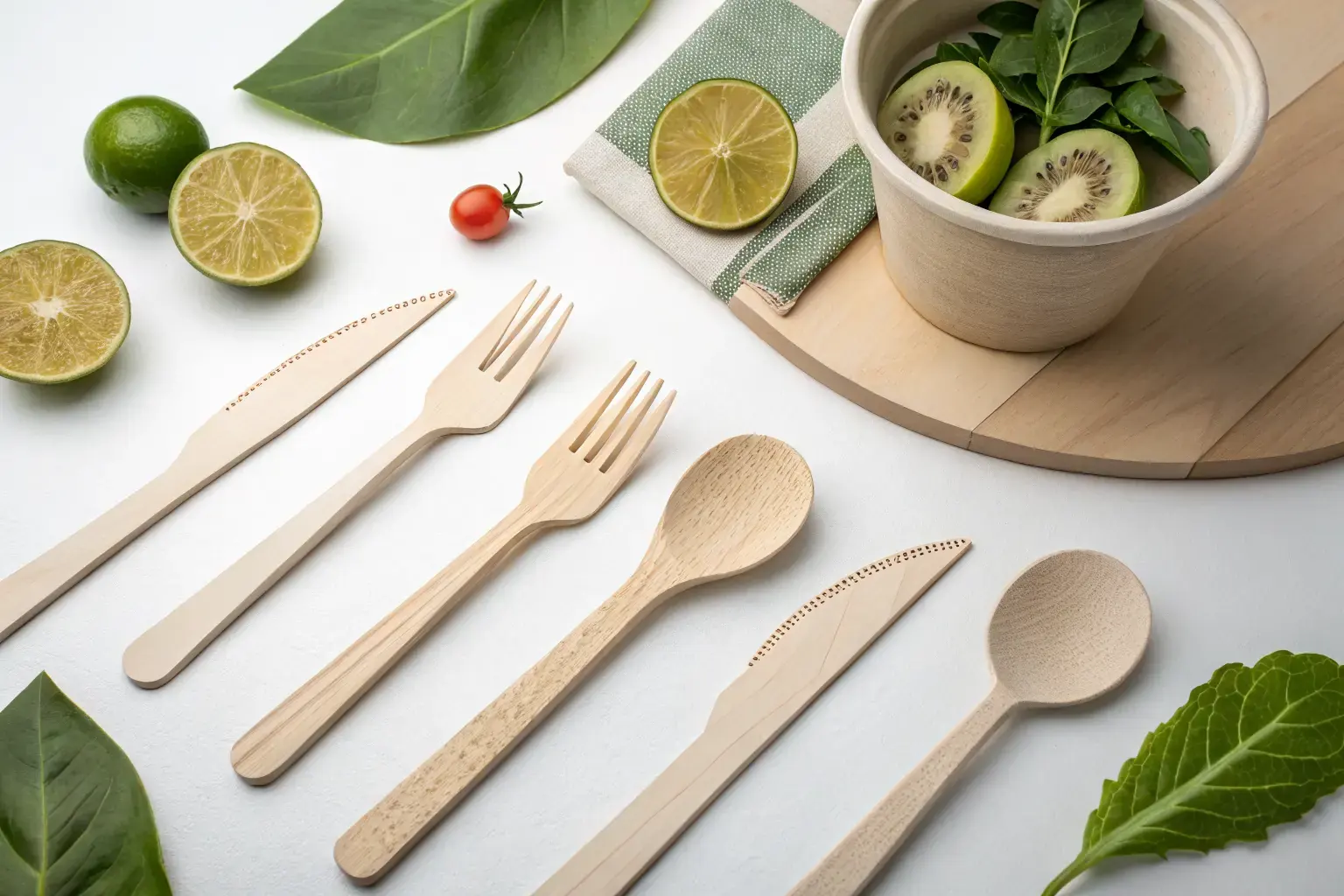 Compostable PHA biodegradable utensils — forks, spoons, and knives with zero microplastics and zero petroleum