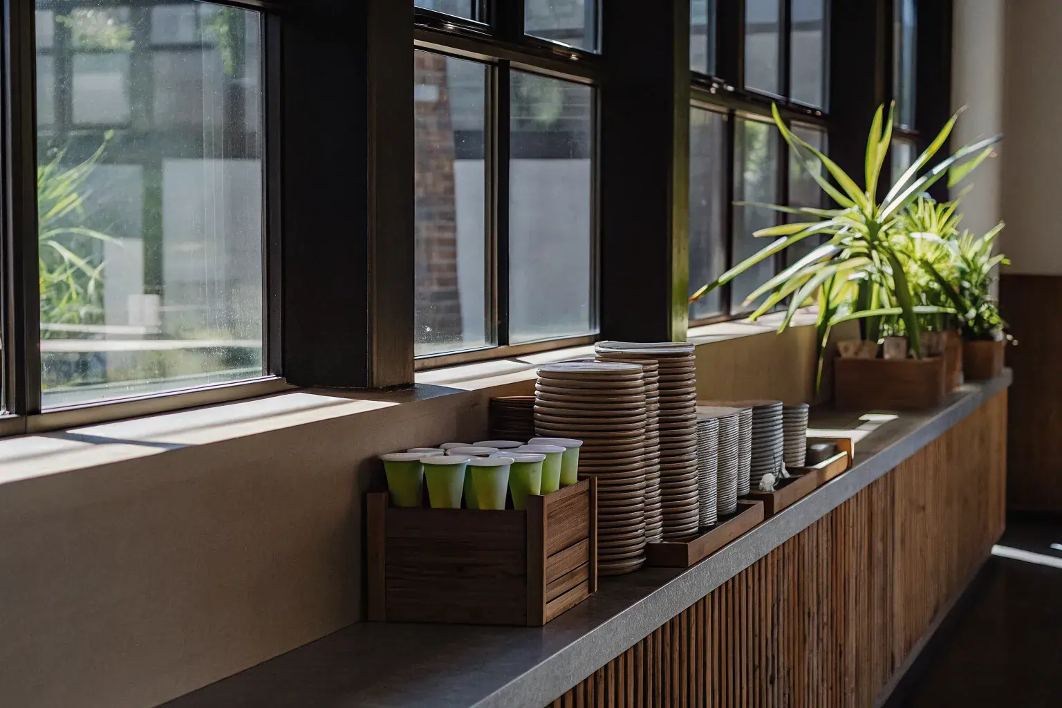 Campus dining area with eco-friendly compostable cups and serviceware, representing the school sustainability program