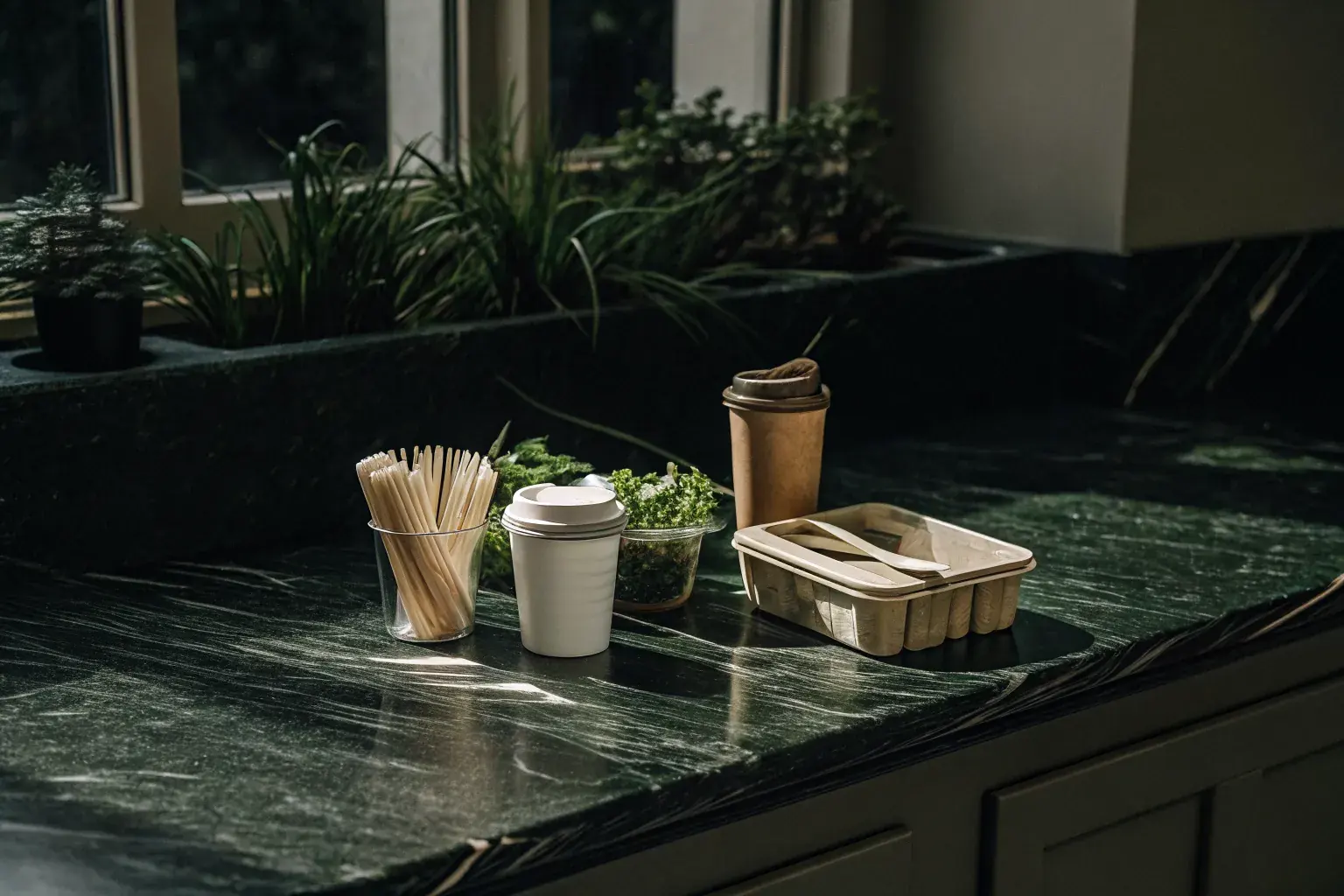 Bright kitchen countertop with compostable cups, straws, and utensils surrounded by fresh herbs, representing the at-home sustainability program