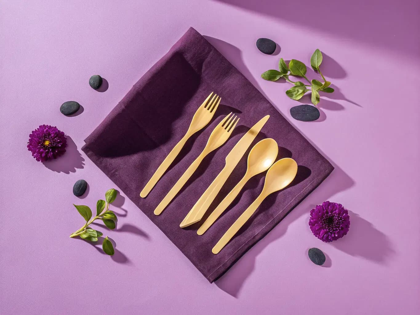 Biodegradable PHA utensils β forks, spoons, knives β on natural linen